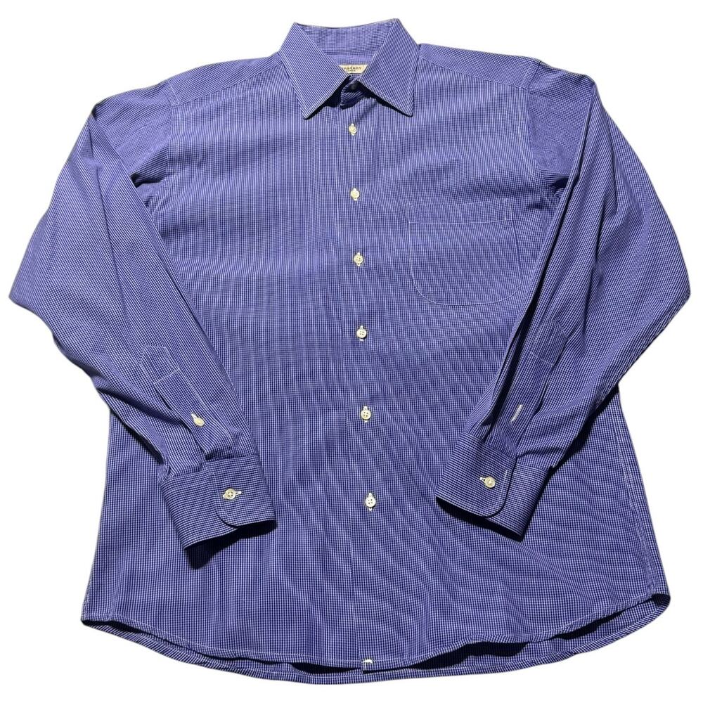 Burberry London Button-Up Dress Shirt Men's 15 Blue White Micro-Check Curved Hem - Picture 4 of 14